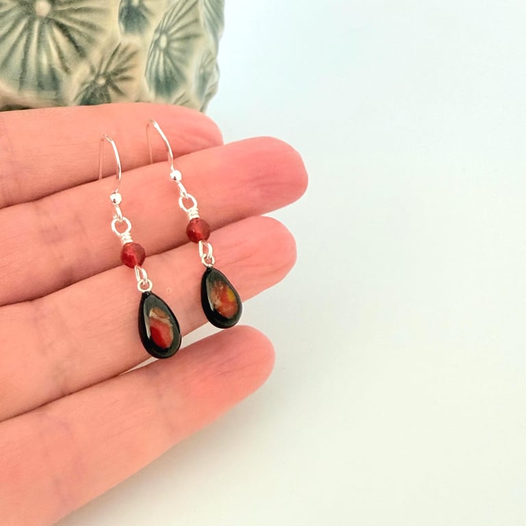 Sterling Silver Fused Glass and Agate Dangle Earrings