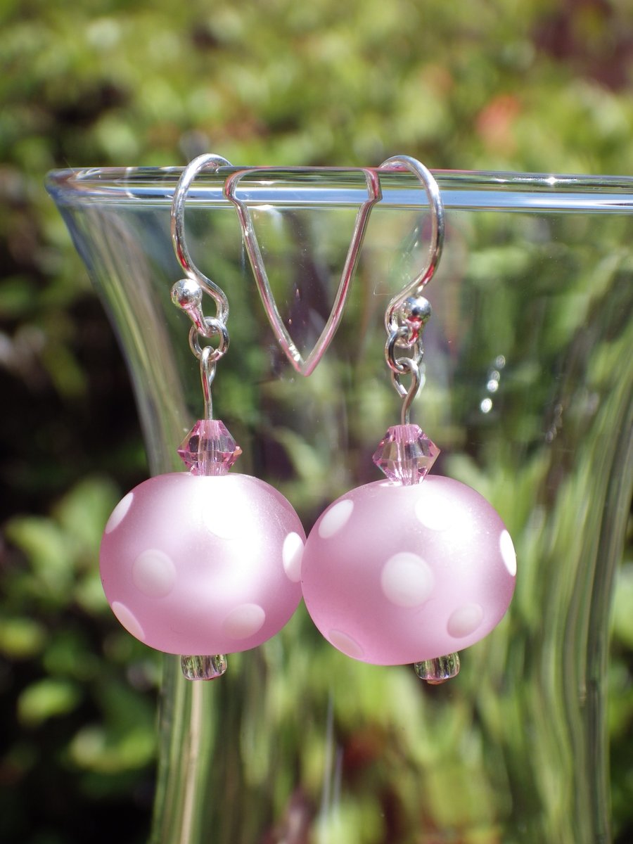 Pretty pink spotty UK lampwork earrings with Swarovski crystals