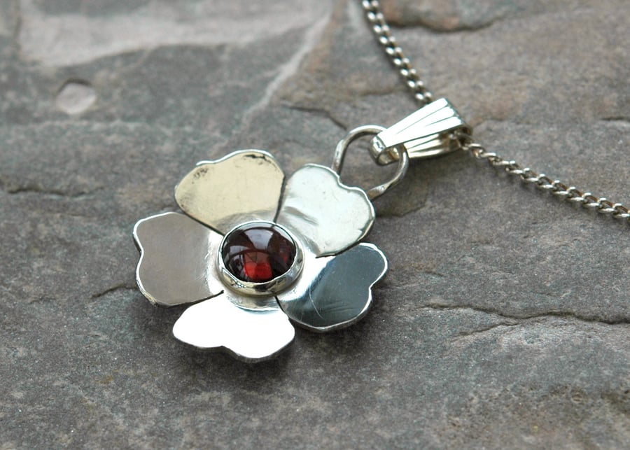 Silver Wild Rose Pendant with Garnet Gemstone, January birthstone 