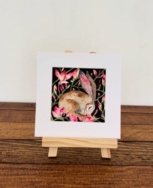 Original Serene Hare Rabbit Resting in Spring Flowers Watercolour Wall Art