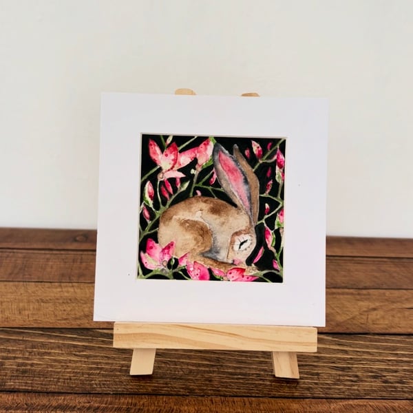 Original Serene Hare Rabbit Resting in Spring Flowers Watercolour Wall Art