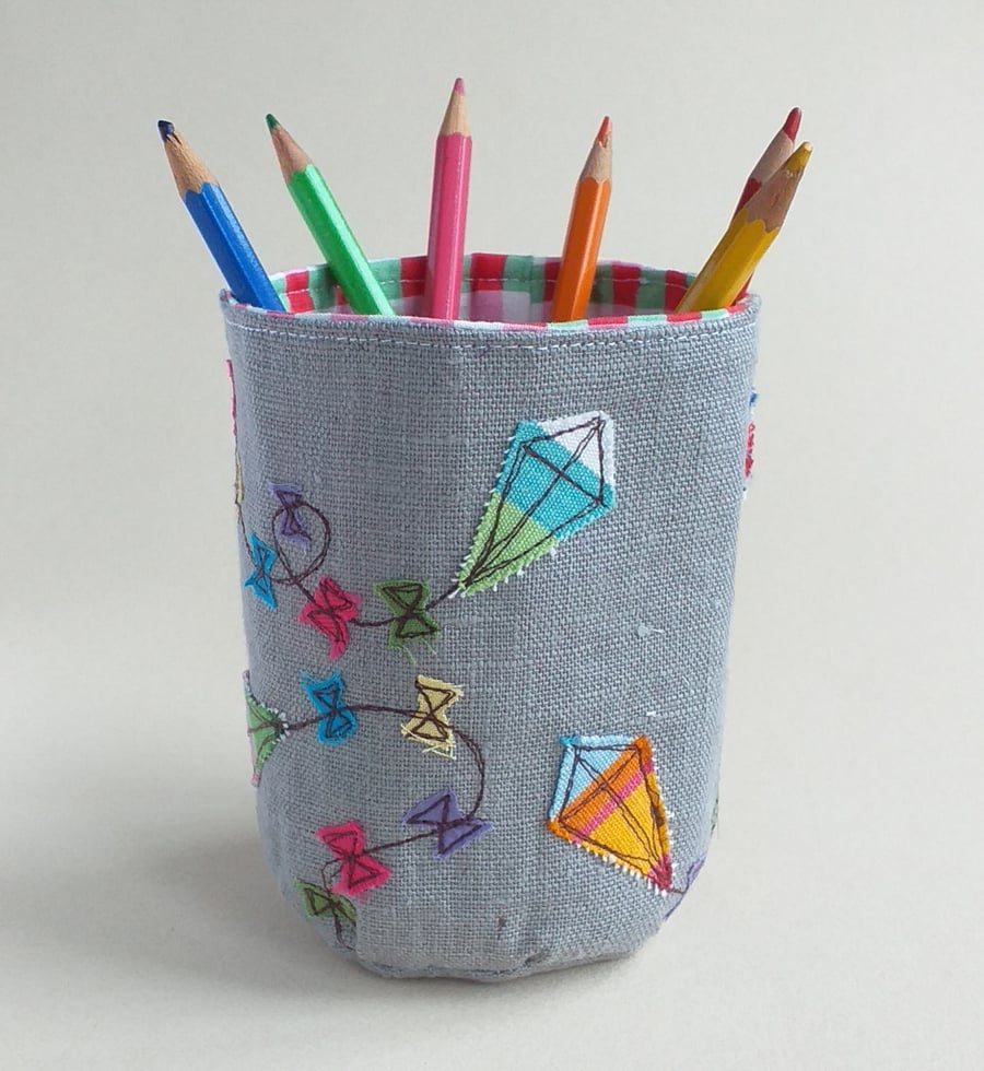 Fabric Pencil Pot with Embroidered Kites