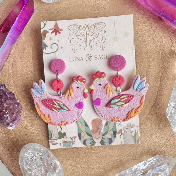 Funky Colourful Chicken Polymer Clay earrings