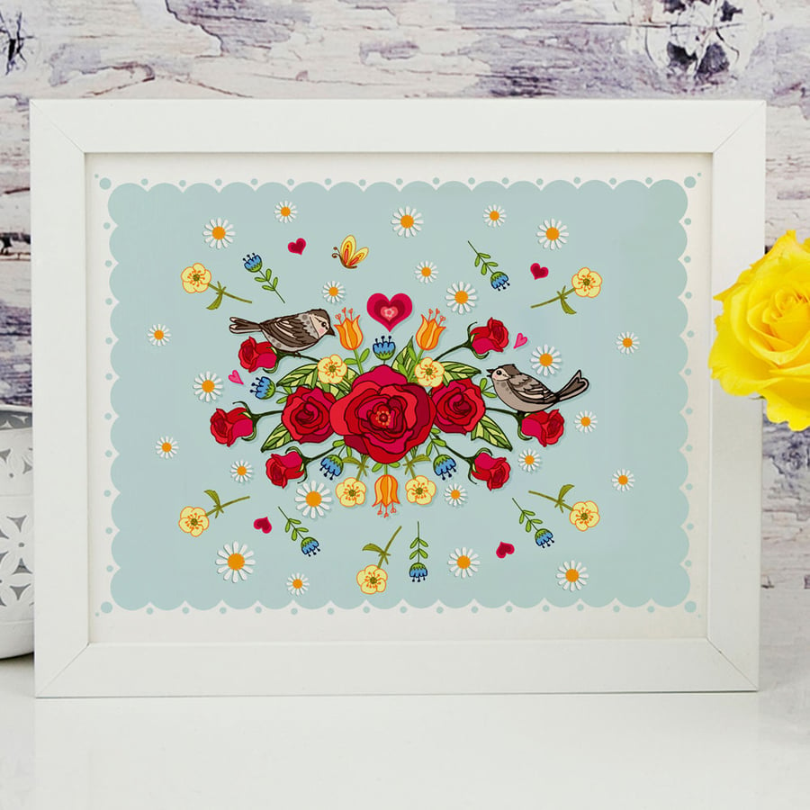 'Roses and Sparrows' A4 UnFramed Illustration Print