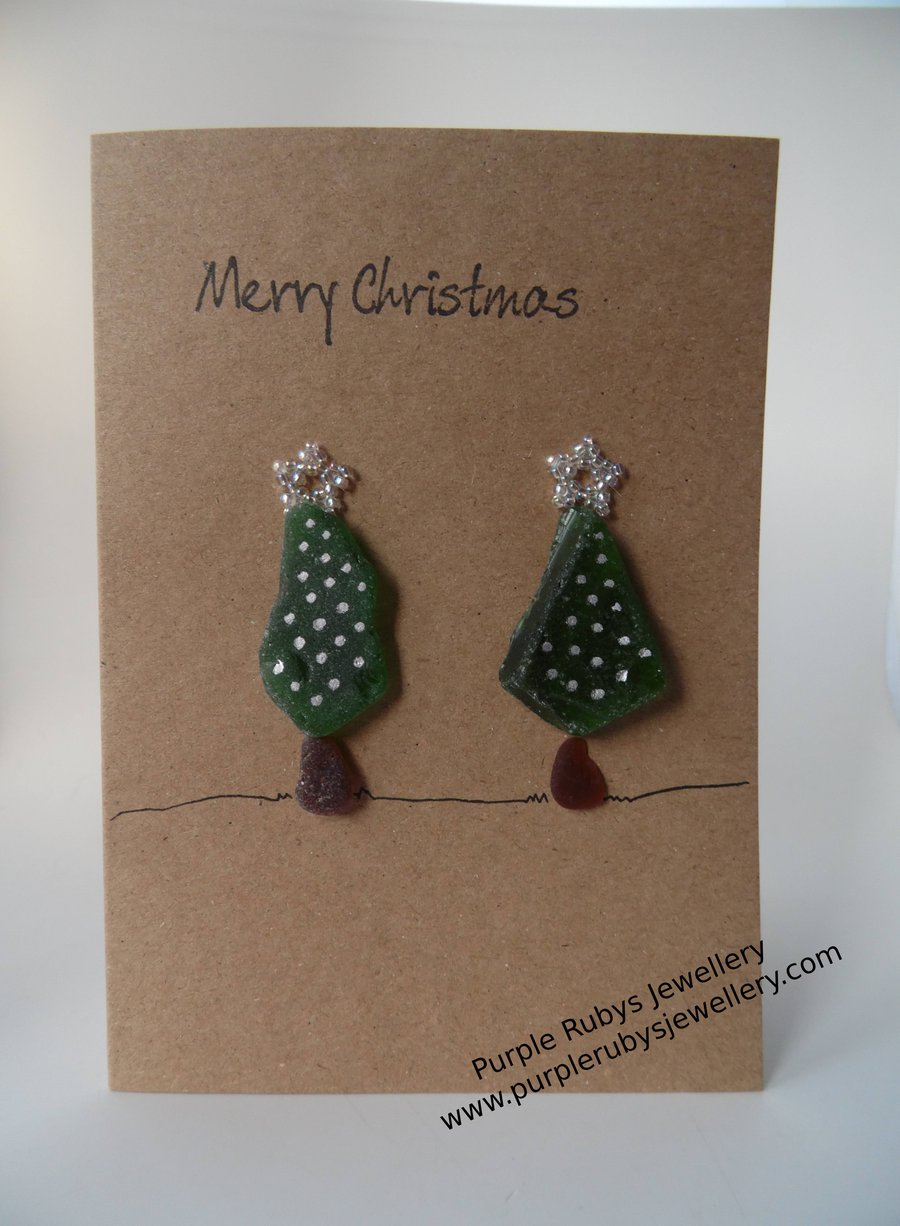 Sea Glass Christmas Trees with Silver Lights Christmas Card C163