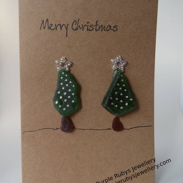 Sea Glass Christmas Trees with Silver Lights Christmas Card C163