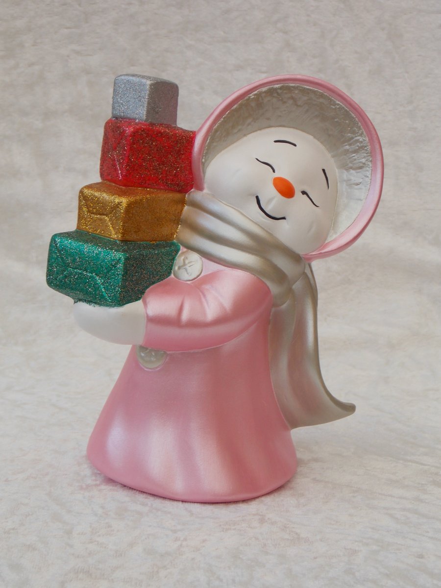 Hand Painted Ceramic Snow Lady In Pink & Presents Christmas Figurine Ornament.