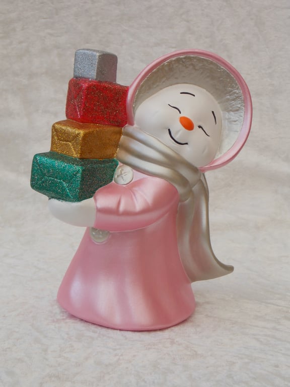 Pink Ceramic Xmas Christmas Snow Lady Girl Figurine Ornament Decoration.