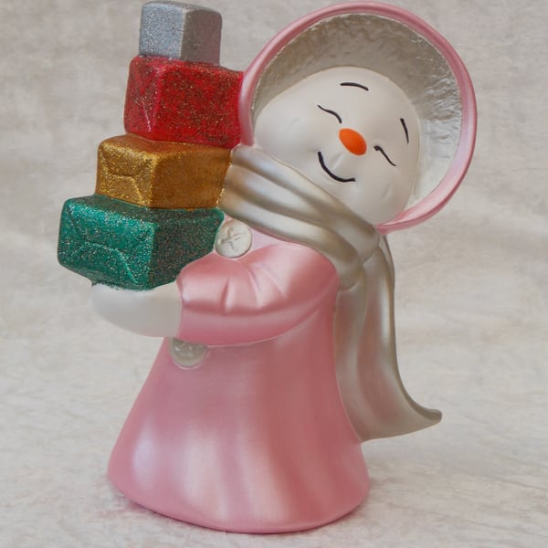 Hand Painted Ceramic Snow Lady In Pink & Presents Christmas Figurine Ornament.