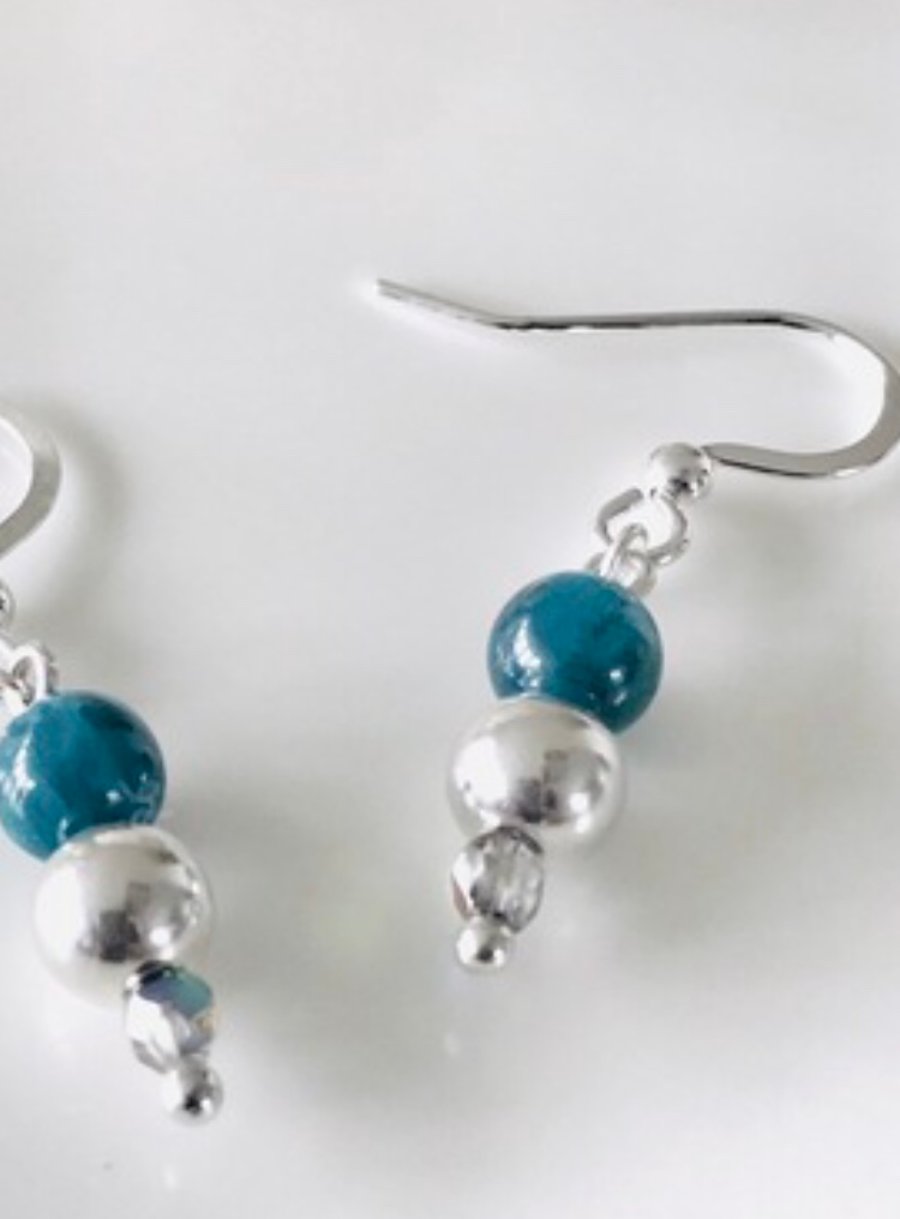 Ocean blue Apatite gemstone, crystal and sterling silver bead earrings 