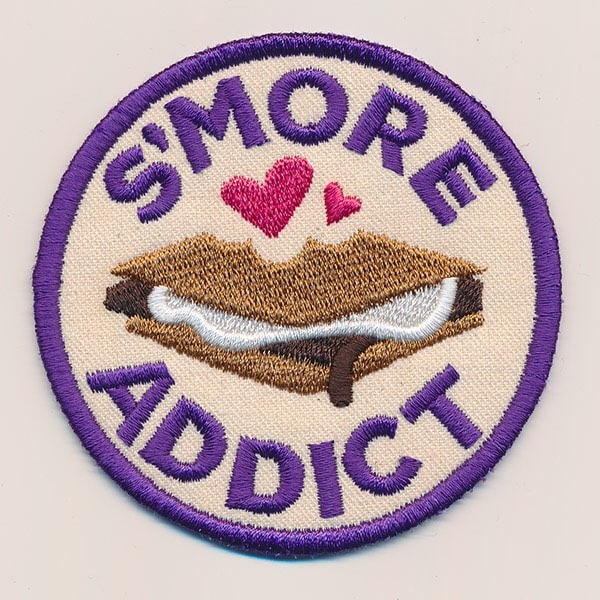 S'More Addict Embroidered Patch for jackets, sweatshirts and more.