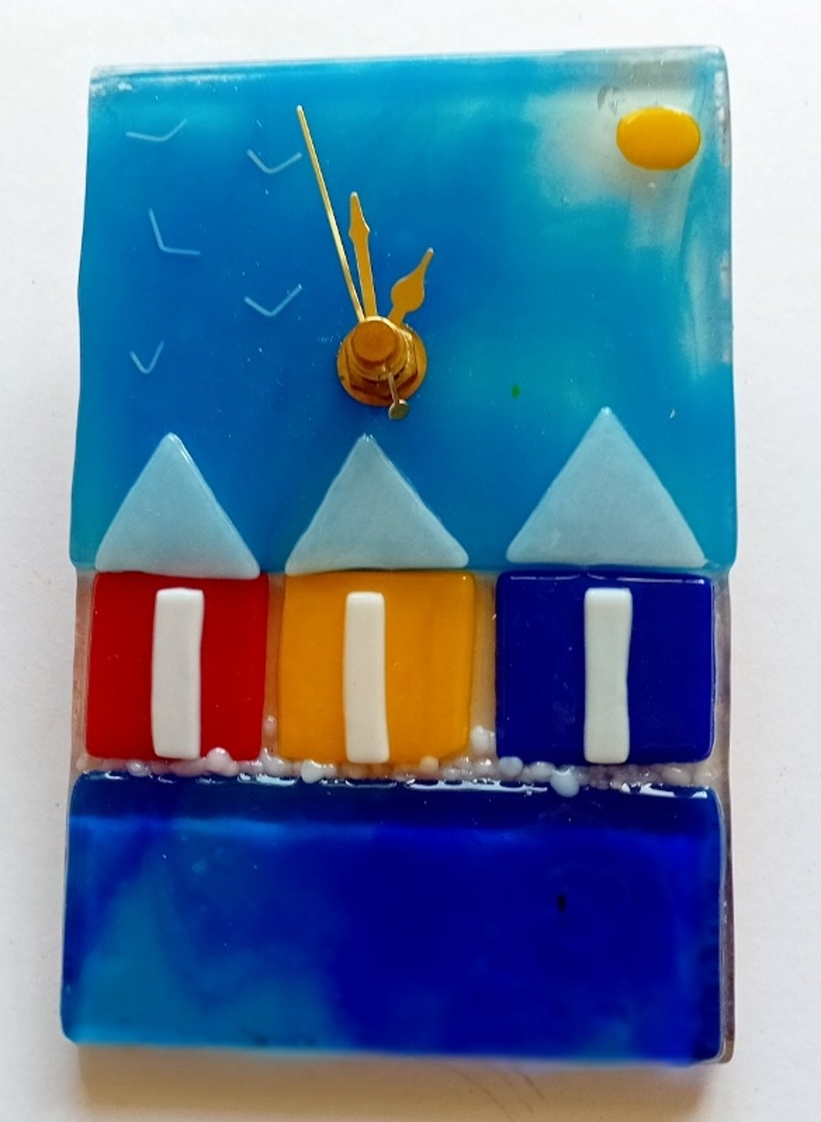 Fused glass clock with 3 Beach huts