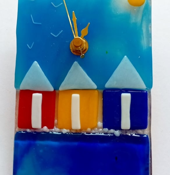 Fused glass clock with 3 Beach huts