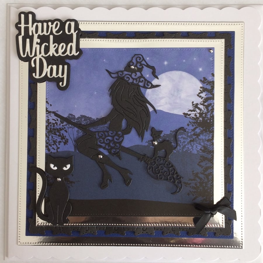 Pagan Halloween Card Have a Wicked Day Sexy Witch Cats 3D Luxury Blue 4