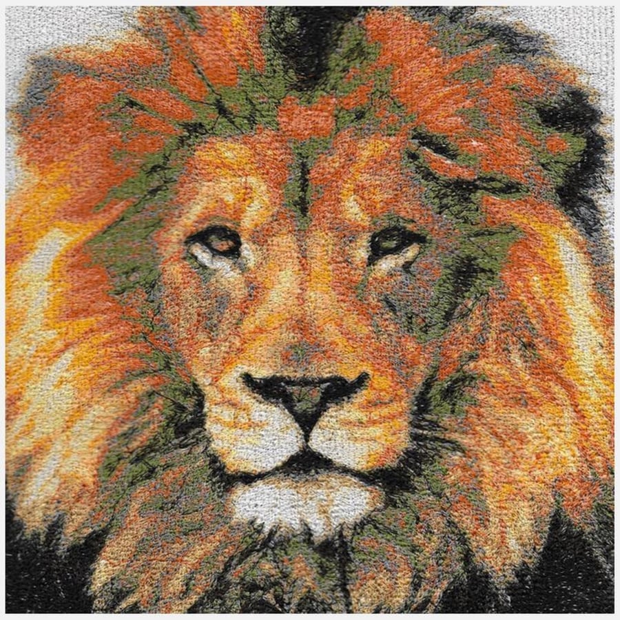 Lion. A beautiful, mounted, machine embroidered work of art.