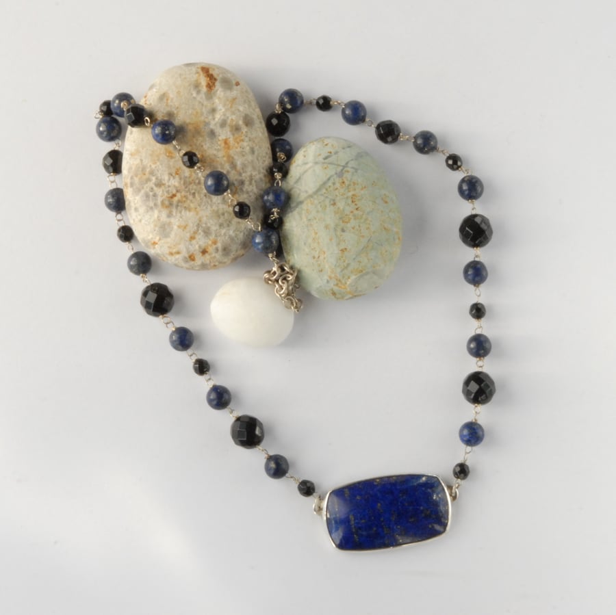 Sterling silver, blue lapis and black onyx necklace