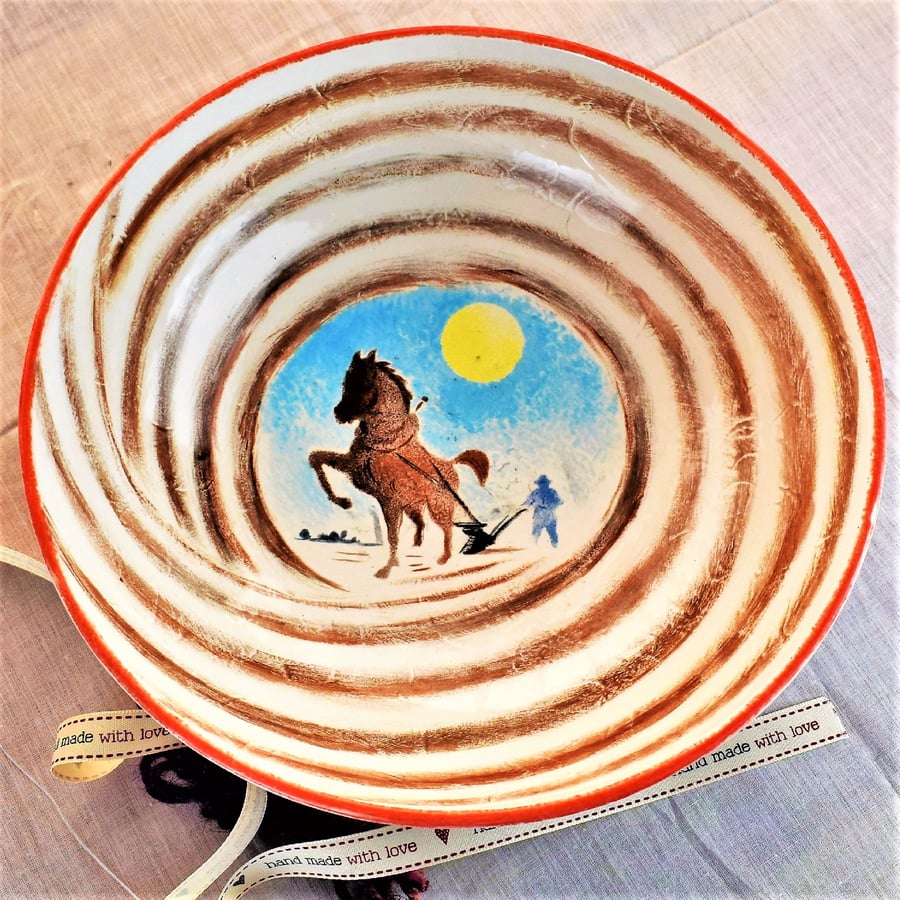 Hand painted pottery bowl , "The Plough"