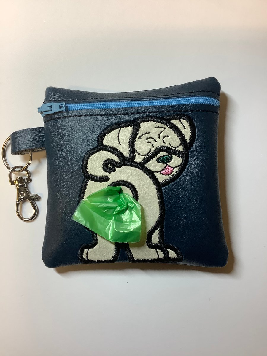 Attractive Pug Embroidered Navy Blue faux leather dog poo bag ,dog walking,