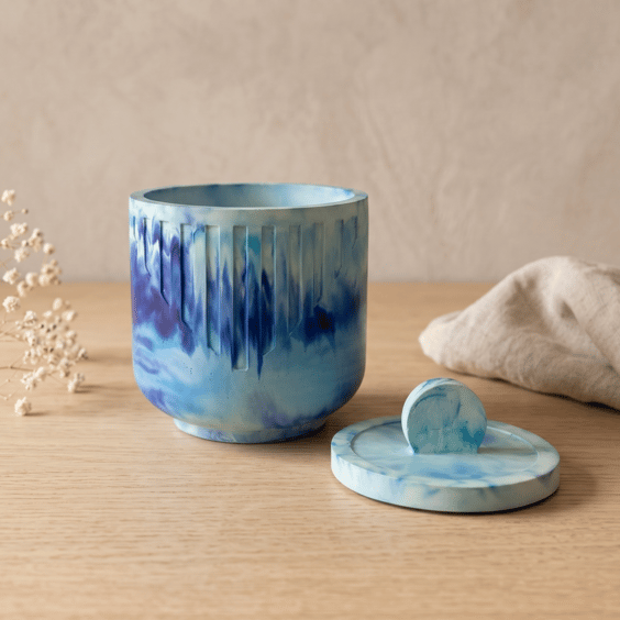 Teal Blue Marbled Jewellery Box, Seascape Trinket Pot With Lid