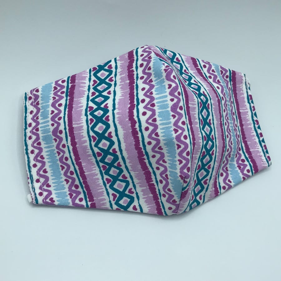 Blue and Lilac Zig Zag Triple Layer Face Mask. Double Sided. 100% Cotton Fabric.