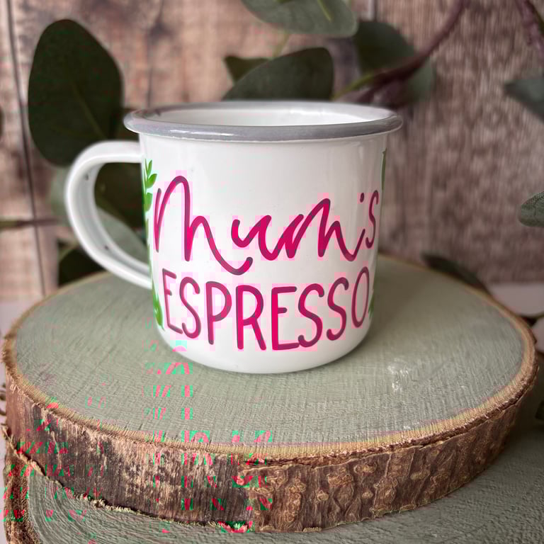 Mum's Espresso Mug: Enamel Camping Mug with Hot Pink and Green Vinyl