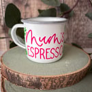 Mummy's Espresso Mug: Enamel Camping Mug with Hot Pink and Green Vinyl