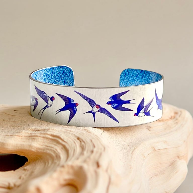 Swallows cuff bracelet, blue birds metal bangle. Can be personalised. (49)