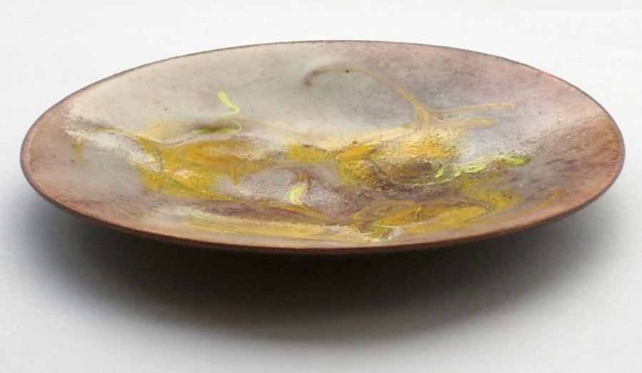 enamel dish - scrolled yellow over brown