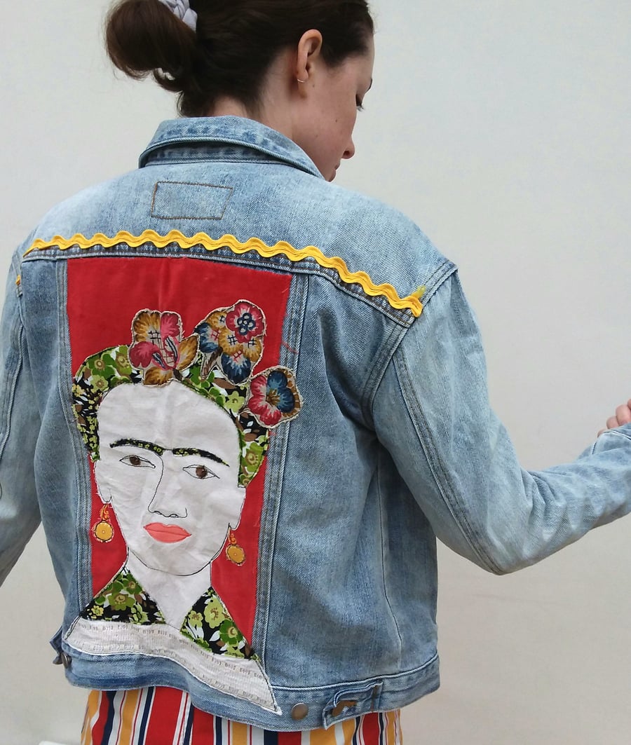 Upcycled denim jacket with Frida on red