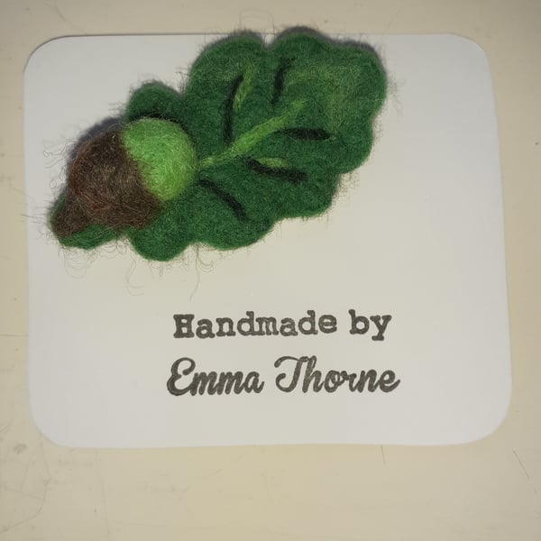 Needle Felted Oak Leaf and Acorn Brooch