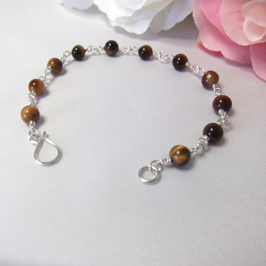 Tigers eye gemstone bead bracelet with recycled silver wire wrapped links