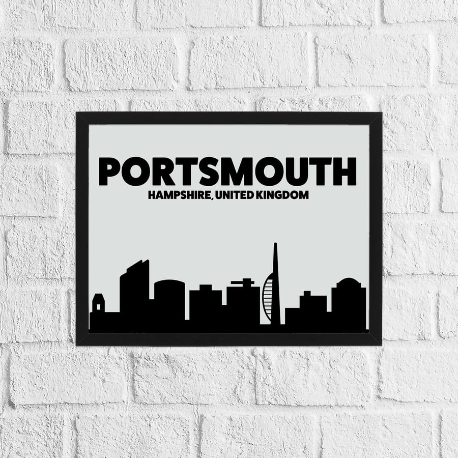 Skyline silhouette of Portsmouth, Hampshire, UK, grey and black print, wall art
