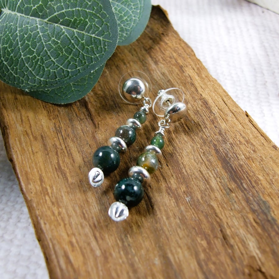 Earrings, Sterling Silver, Moss Agate Stud Droppers