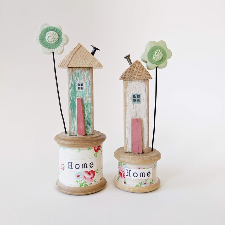 Little Wooden House on a Vintage Floral Bobbin with Clay Flower 'Home'