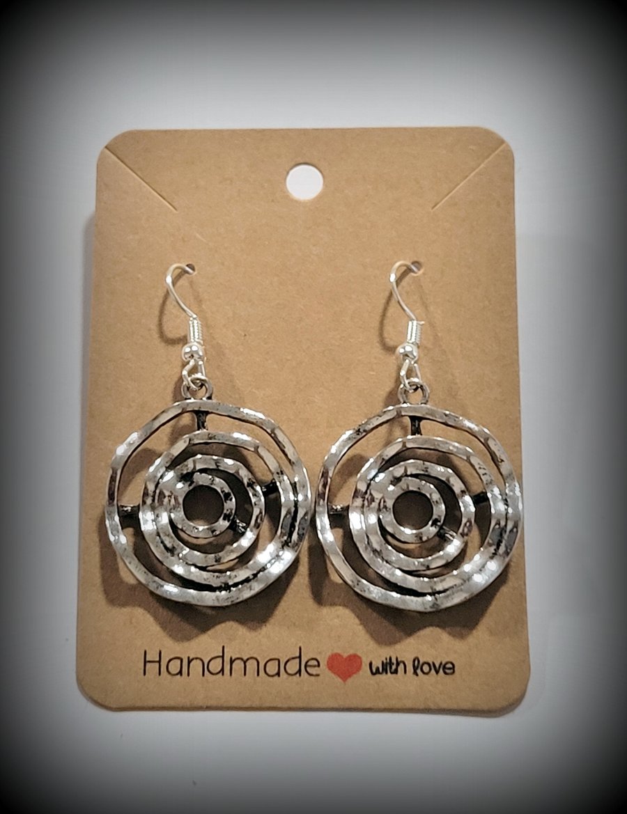 Silver Circle Boho Swirl Charm Dangle Earrings on Silver Plated Earring Hooks