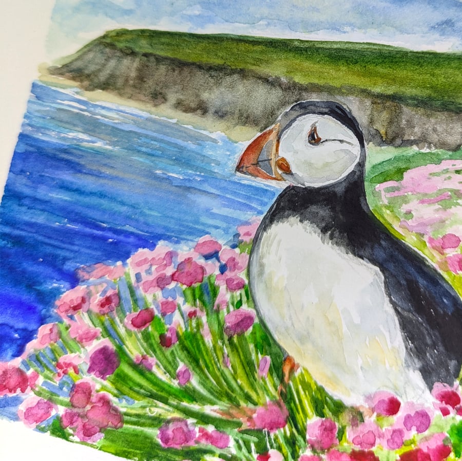 Original Puffin Watercolour Painting – Small Scottish Bird Art