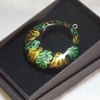 Unique Green, Gold and Black Wooden Circle Pendant Necklace