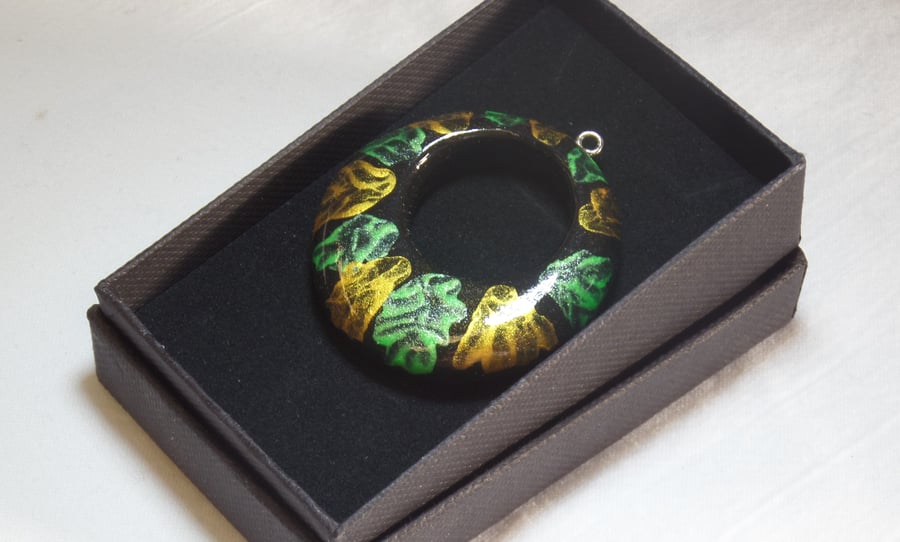 Unique Green, Gold and Black Wooden Circle Pendant Necklace