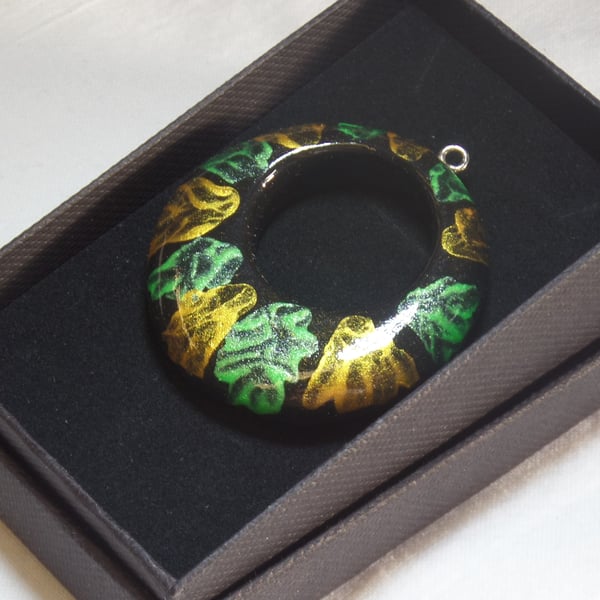 Unique Green, Gold and Black Wooden Circle Pendant Necklace