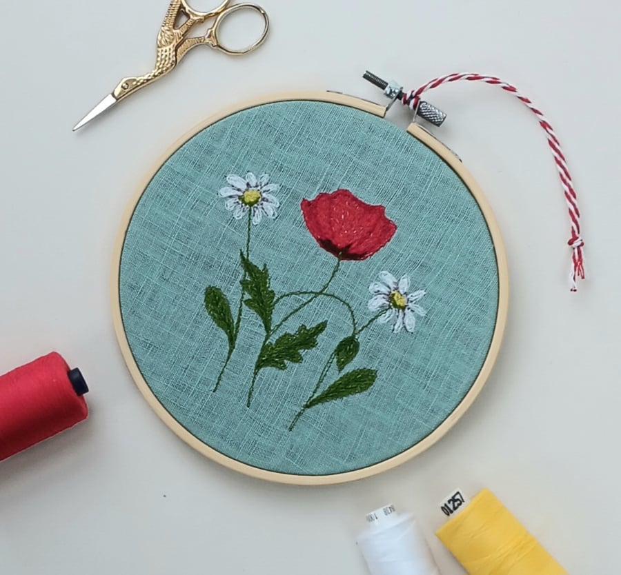 Embroidered Poppy and Daisies Hoop Art