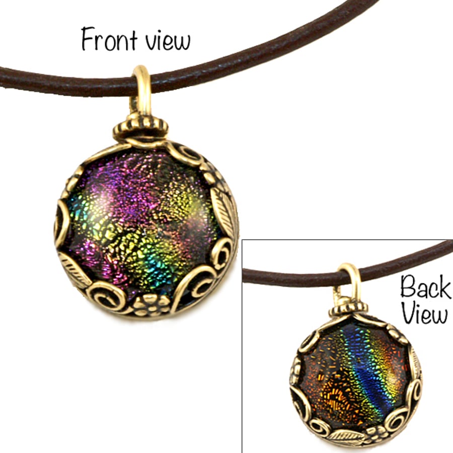 Sale half Price: Revolving Two Sided Dichroic Pendant in Antique Brass.