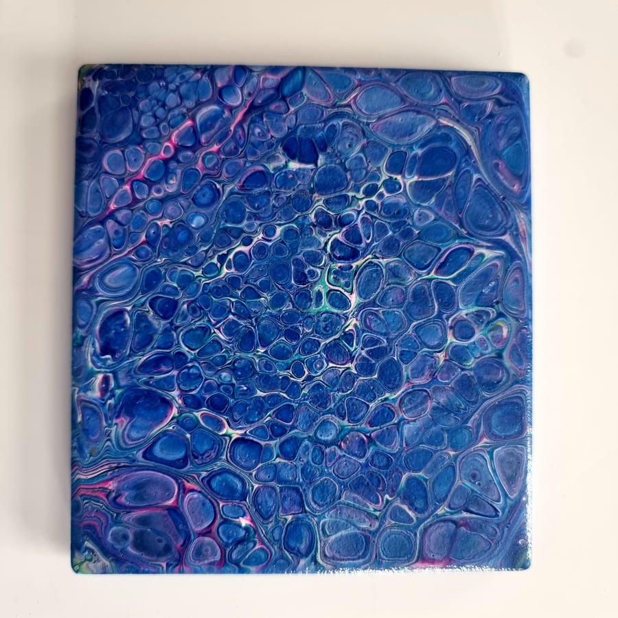 (43) Acrylic Art on Ceramic Tile Blue Coaster with Cork backing