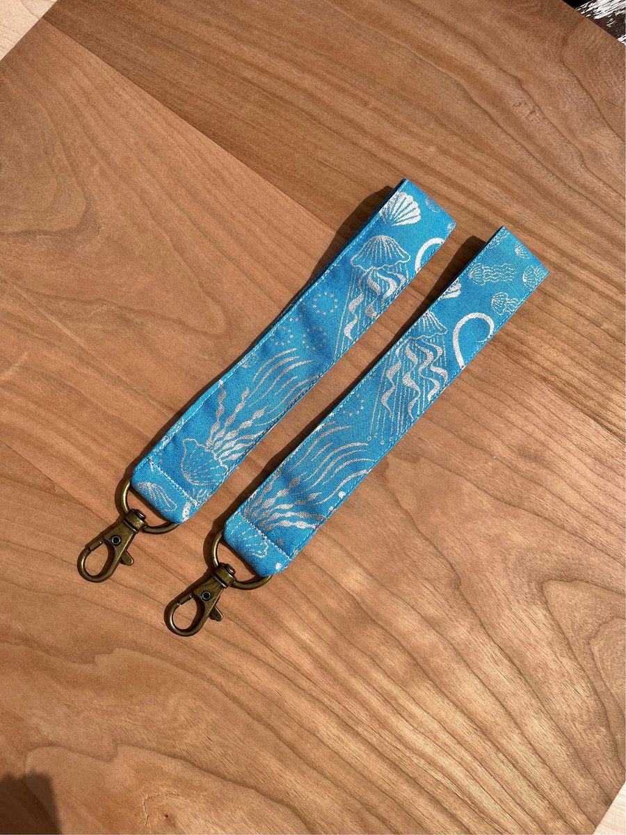 Bright Blue Jellyfish Fabric Wristlet Keyfob Lanyard Keychain with Lobster Claw