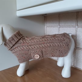 Hand Knitted Medium Dog Coat Jumper In A Dark Sand Tweed Aran (R804)