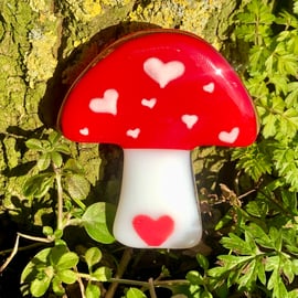 Fused glass hand painted love heart mushroom decoration garden or plant pot 