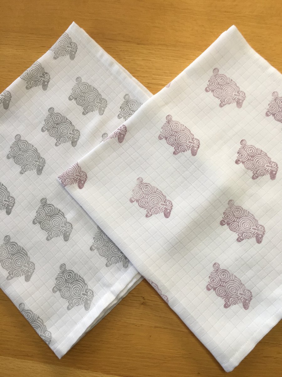 X2 Hand Block Printed Baby Muslin Squares - Sheep (Pink and Grey)