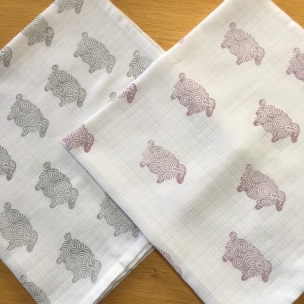 X2 Hand Block Printed Baby Muslin Squares - Sheep (Pink and Grey)