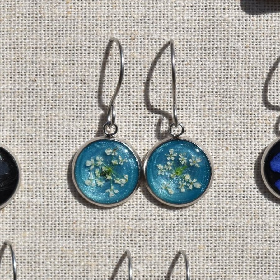 Pressed Flower Resin Earrings, Blue, 304 Stainless Steel, Made in Scotland