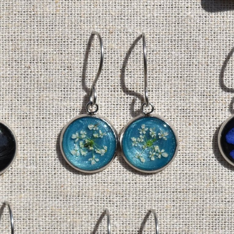 Pressed Flower Resin Earrings, Blue, 304 Stainless Steel, Made in Scotland