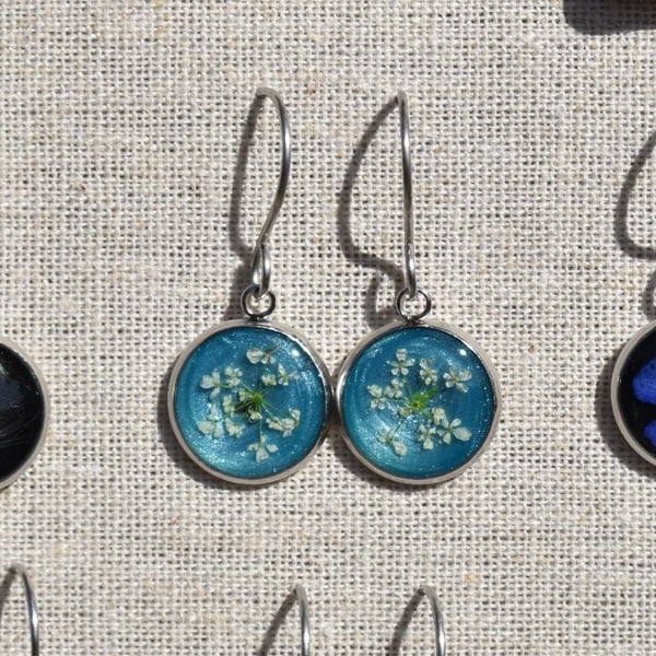Pressed Flower Resin Earrings, Blue, 304 Stainless Steel, Made in Scotland